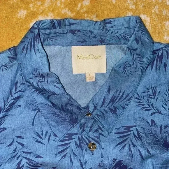 ModCloth 100% cotton palm print chambray button down midi dress NWOT L - Picture 2 of 5